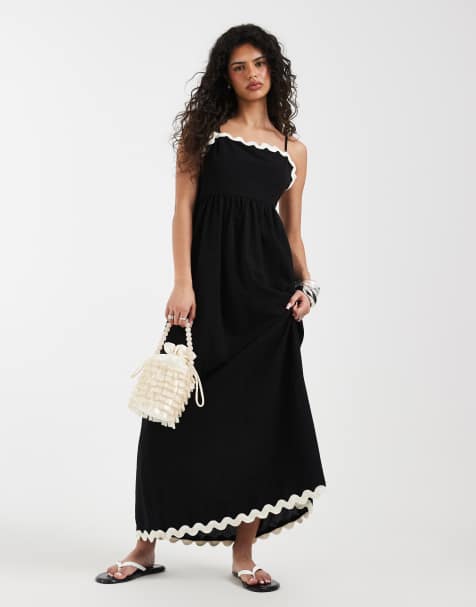 Vestido largo negro de tirantes con ribete festoneado en contraste de Vero Moda - view 1