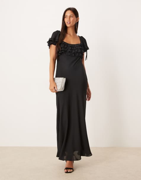 Vestido largo negro de tirantes con volantes en el pecho de ASOS DESIGN - view 1