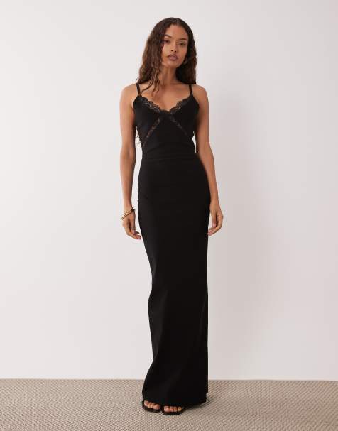 Vestido largo negro de tirantes de bengalina con detalle de encaje de Vesper Petite - view 1