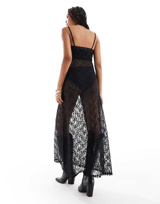 Vestido largo negro de tirantes de encaje transparente de Miss Selfridge, 4 de 4