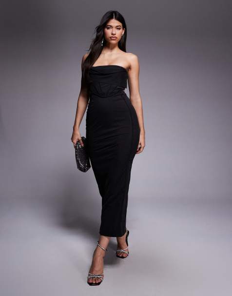 Vestido largo negro drapeado con escote palabra de honor, cuerpo estilo corsé y abertura trasera en la cintura de ASOS DESIGN - view 1