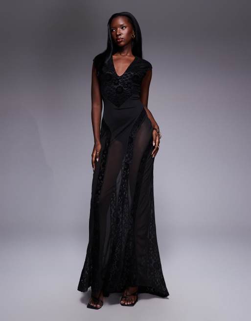Vestido largo negro escotado con espalda baja y falda transparente de encaje y terciopelo de ASOS DESIGN