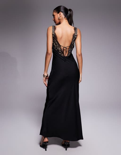 Vestido largo negro escotado de mezcla de satén y encaje de Bardot, 3 de 4