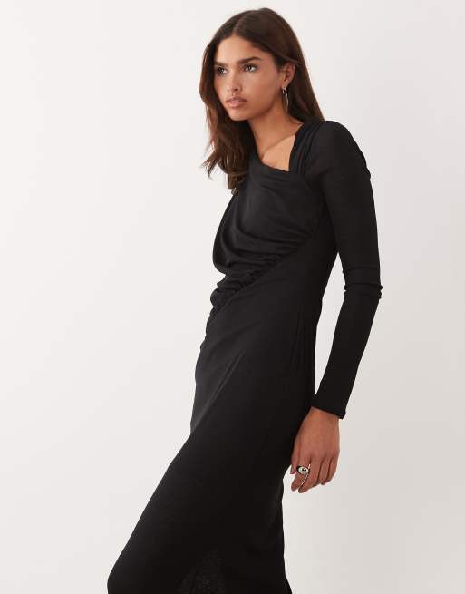 Vestido largo negro fruncido asimétrico de manga larga de ASOS DESIGN, 2 de 4