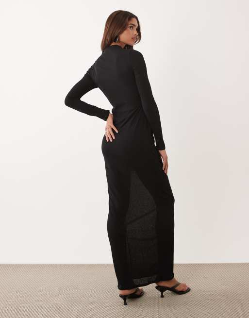 Vestido largo negro fruncido asimétrico de manga larga de ASOS DESIGN, 3 de 4
