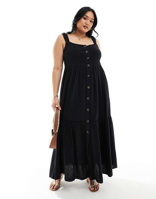 Vestido largo negro fruncido con botones y lazada en la espalda de tejido doble de ASOS DESIGN Curve