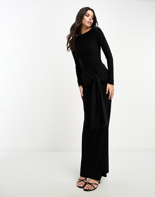 Vestido largo negro muy drapeado con lazada delantera de ASOS DESIGN, 3 de 4