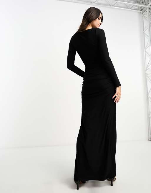Vestido largo negro muy drapeado con lazada delantera de ASOS DESIGN, 4 de 4