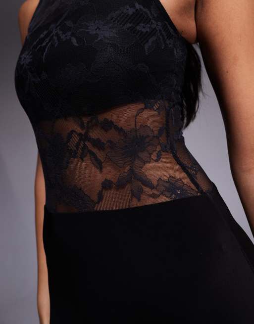 Vestido largo negro sin mangas ceñido con detalle de panel transparente de encaje exclusivo de Kaiia, 2 de 4