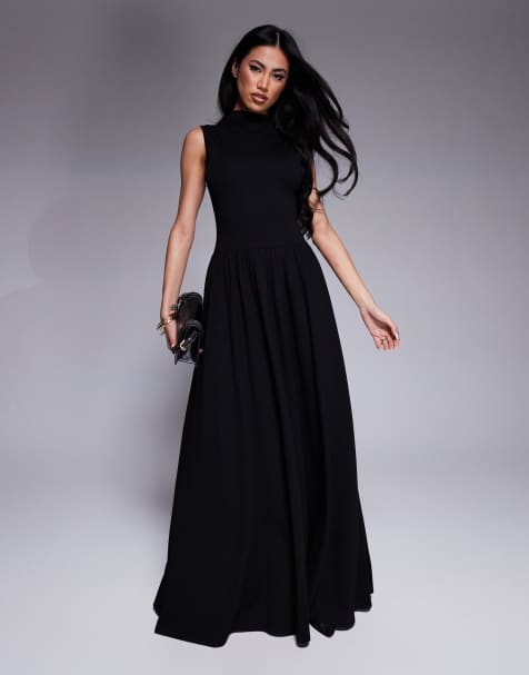 Vestido largo negro sin mangas con cuello alto y falda fruncida exclusivo de Kaiia - view 1
