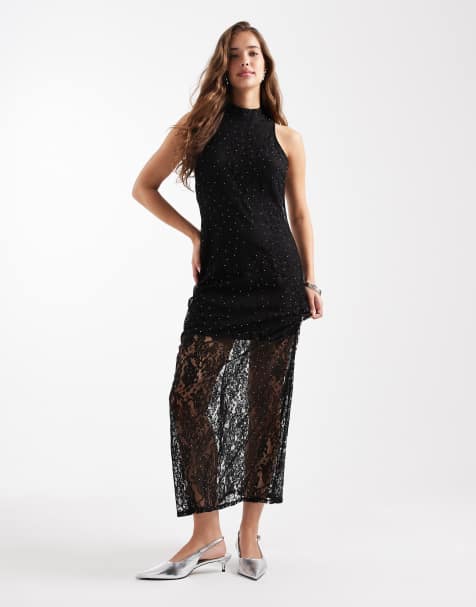 Vestido largo negro sin mangas de encaje transparente con detalle de tachuelas de Vero Moda - view 1