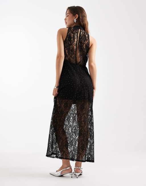 Vestido largo negro sin mangas de encaje transparente con detalle de tachuelas de Vero Moda, 3 de 4