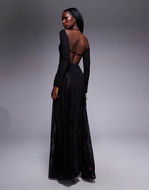 Vestido largo negro transparente de manga larga con body e insertos de godets de encaje de ASOS DESIGN, 3 de 4