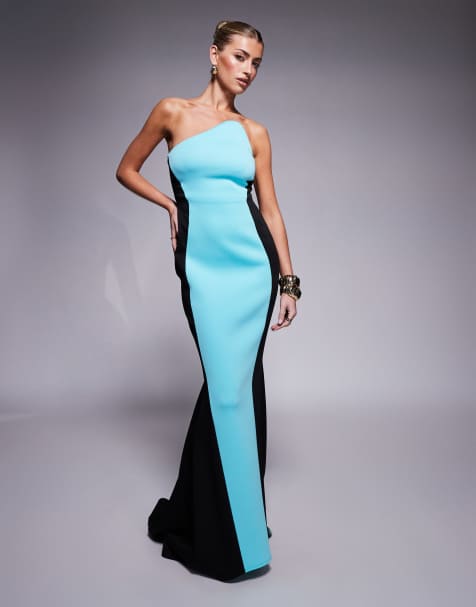 Vestido largo negro y azul con diseño color block y escote palabra de honor de tejido efecto neopreno premium de ASOS DESIGN - view 1