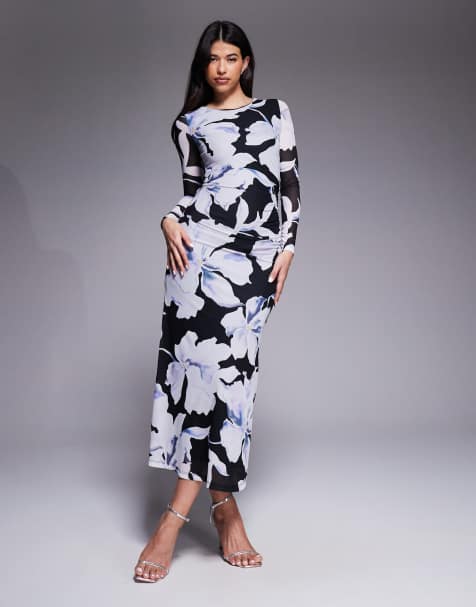 Vestido largo negro y azul con estampado floral de malla de Forever New - view 1