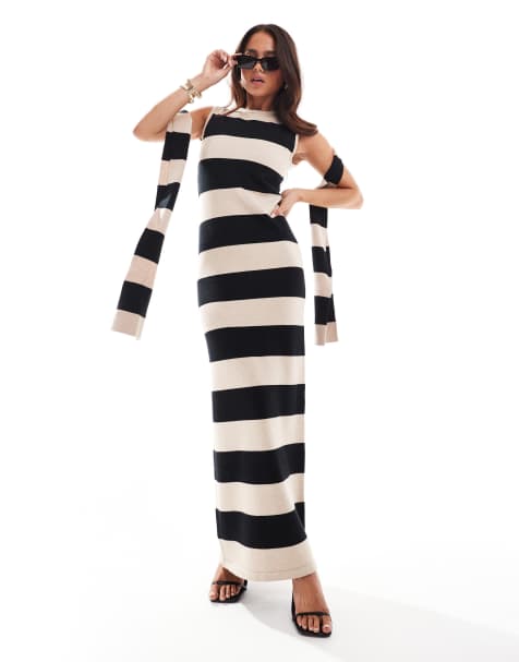 Vestido largo negro y beis a rayas estilo jersey sin mangas con detalle de pañuelo de punto de 4th & Reckless - view 1