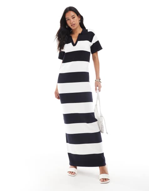 Vestido largo negro y blanco a rayas con cuello de solapas estilo rugby de punto de 4th & Reckless - view 1