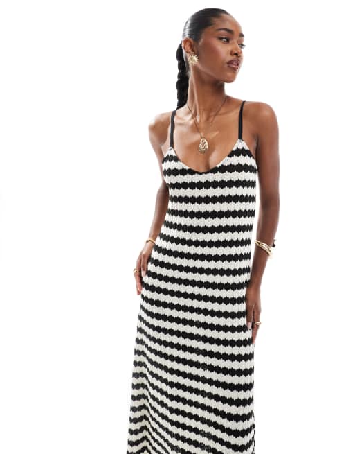 Vestido largo negro y blanco a rayas de croché de ONLY, 3 de 4