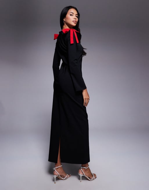 Vestido largo negro y rojo con lazos en los hombros de Daska, 2 de 4