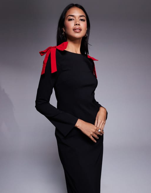Vestido largo negro y rojo con lazos en los hombros de Daska, 3 de 4