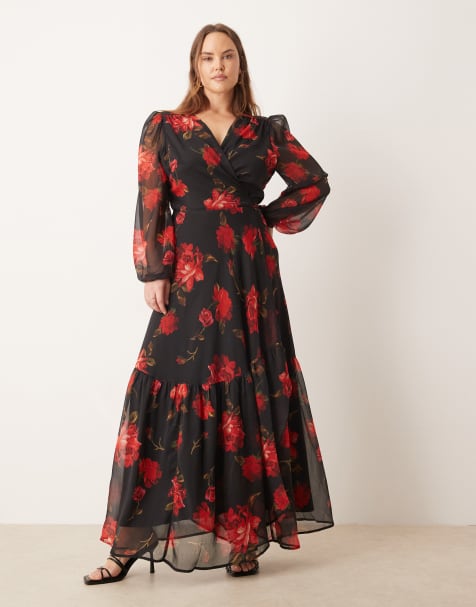 Vestido largo negro y rojo cruzado en la parte delantera con estampado floral de Hope & Ivy Plus - view 1