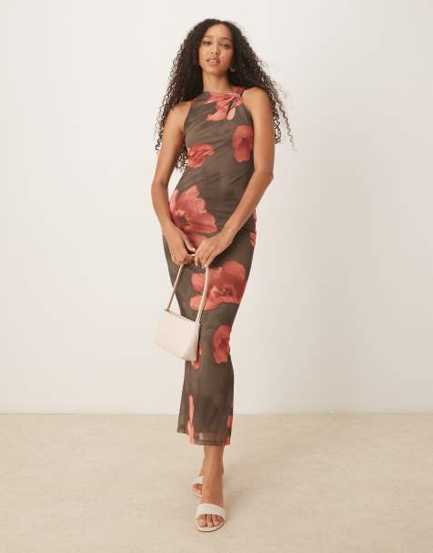 Vestido largo oscuro con estampado floral, abertura y detalle retorcido en el hombro de ASOS DESIGN - view 1
