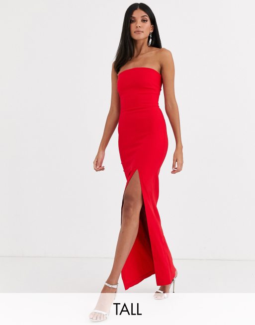 Vestido largo palabra honor en rojo con abertura en la pierna de Tall | ASOS