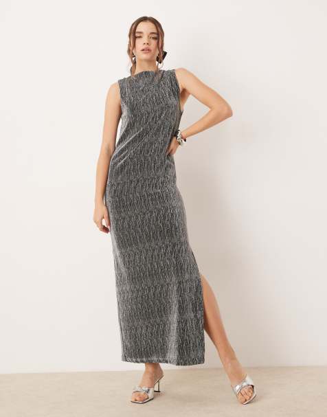 Vestido largo plateado con abertura de Selected - view 1