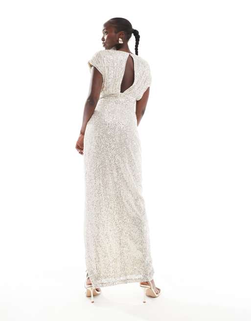 Vestido largo plateado cruzado de lentejuelas de TFNC Tall, 2 de 4