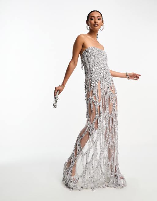 Vestido largo plateado transparente con diseño de abalorios y body incorporado de A Star Is Born
