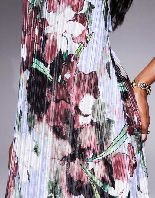 Vestido largo plisado con estampado floral oscuro y cuello halter anudado de ASOS DESIGN, 3 de 4