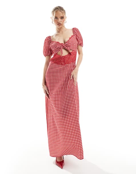 Vestido largo rojo a cuadros vichy de satén con mangas abullonadas, abertura e inserto de encaje exclusivo de The Frolic - view 1