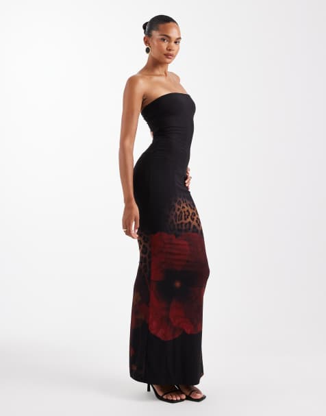 Vestido largo rojo ajustado con estampado floral y de leopardo, escote palabra de honor y diseño moldeador de Wanderdoll - view 1