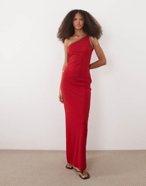 Vestido largo rojo asimétrico con abertura lateral de ASOS DESIGN - view 1