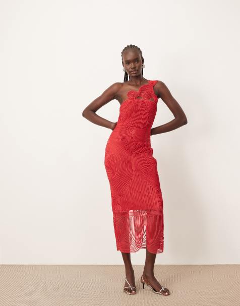 Vestido largo rojo asimétrico con bordado de satén Cornelli de ARRANGE - view 1
