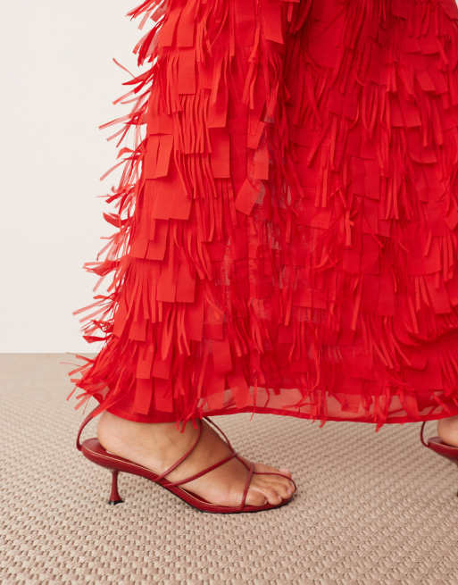 Vestido largo rojo asimétrico con diseño híbrido estructurado de tejido texturizado de ARRANGE, 2 de 4