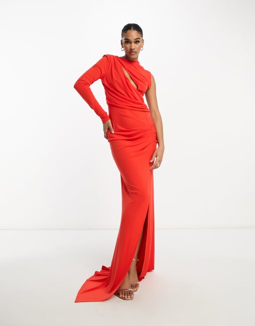 Vestido largo rojo asimétrico de manga larga con abertura premium de ASOS DESIGN Tall, 4 de 4