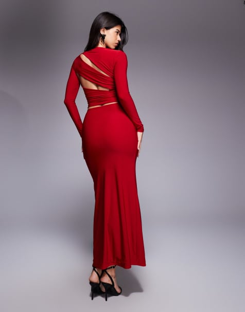 Vestido largo rojo cereza ceñido de manga larga con detalle de aberturas en la espalda y diseño de doble capa exclusivo de Kaiia - view 1