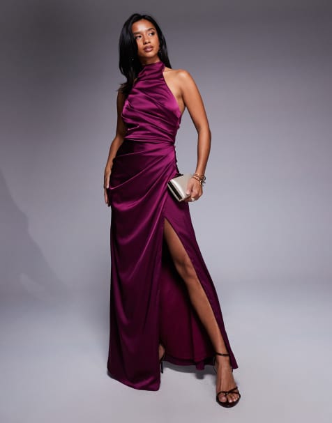 Vestido largo rojo cereza con cuello alto de satén de TFNC Petite - view 1