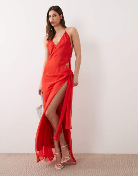 Vestido largo rojo con abertura, lazada lateral, detalle colgante y espalda baja Cyrel de Bardot - view 1