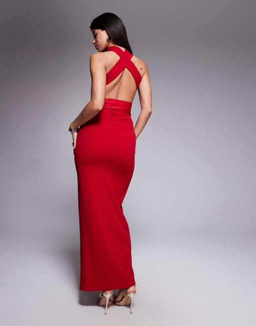 Vestido largo rojo con cuello halter, abertura y cinturón anudado de ASOS DESIGN, 3 de 4