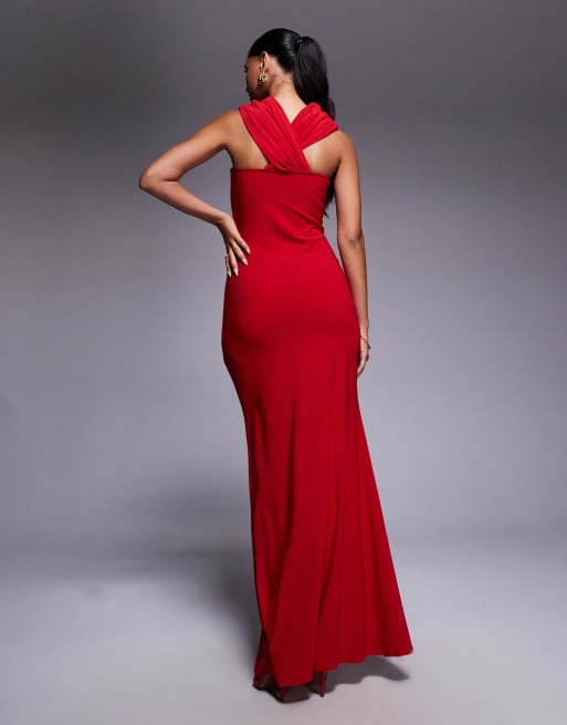 Vestido largo rojo con cuello halter retorcido en la parte delantera de ASOS DESIGN, 3 de 4