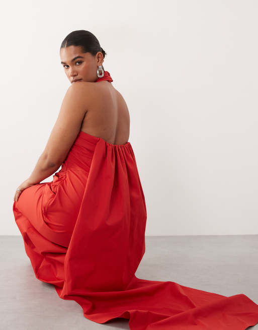 Vestido largo rojo con cuello halter y cinturilla fruncida de ARRANGE Curve, 2 de 4