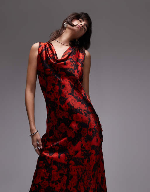 Topshop built up cowl neck maxi dress in small red rose