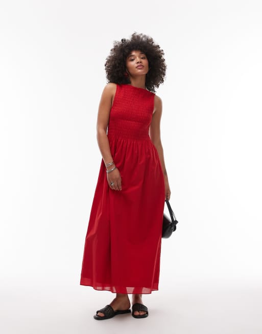 Vestido largo rojo con cuerpo fruncido y cuello barco de & Other Stories