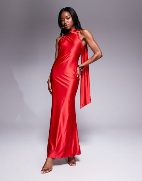 Vestido largo rojo con detalle de fular y espalda descubierta de satén ultrabrillante de Rare London - view 1