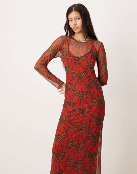 Vestido largo rojo con diseño de lazos con estampado de leopardo de malla de Never Fully Dressed - view 1