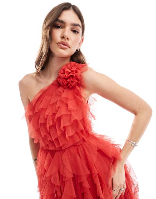 Vestido largo rojo con diseño de volantes efecto cascada de tul premium de Anaya , 2 de 4