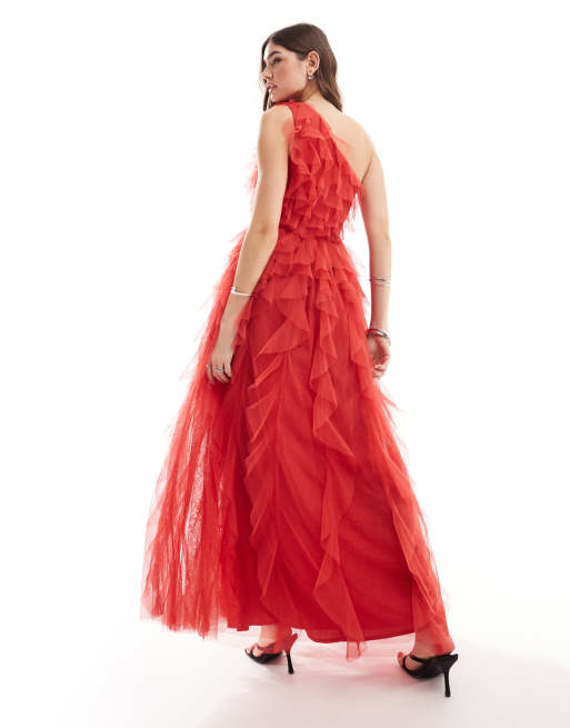 Vestido largo rojo con diseño de volantes efecto cascada de tul premium de Anaya , 3 de 4