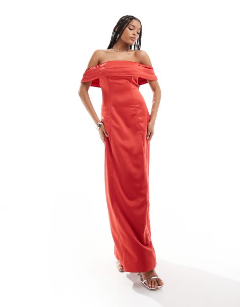 Vestido largo rojo con escote Bardot de satén de Anaya - view 1